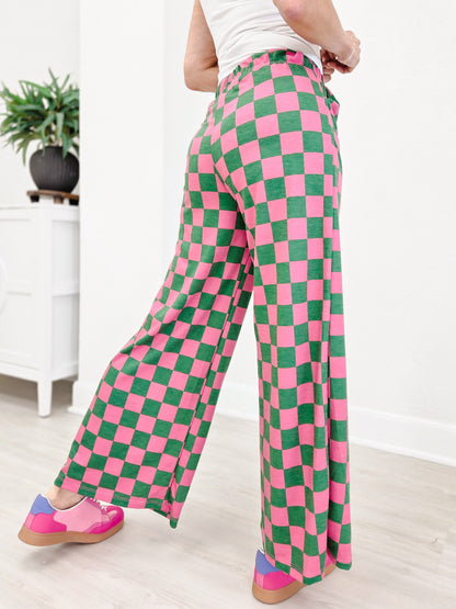 High Waist Checkered Straight Leg Knit Pants-Pink And Green