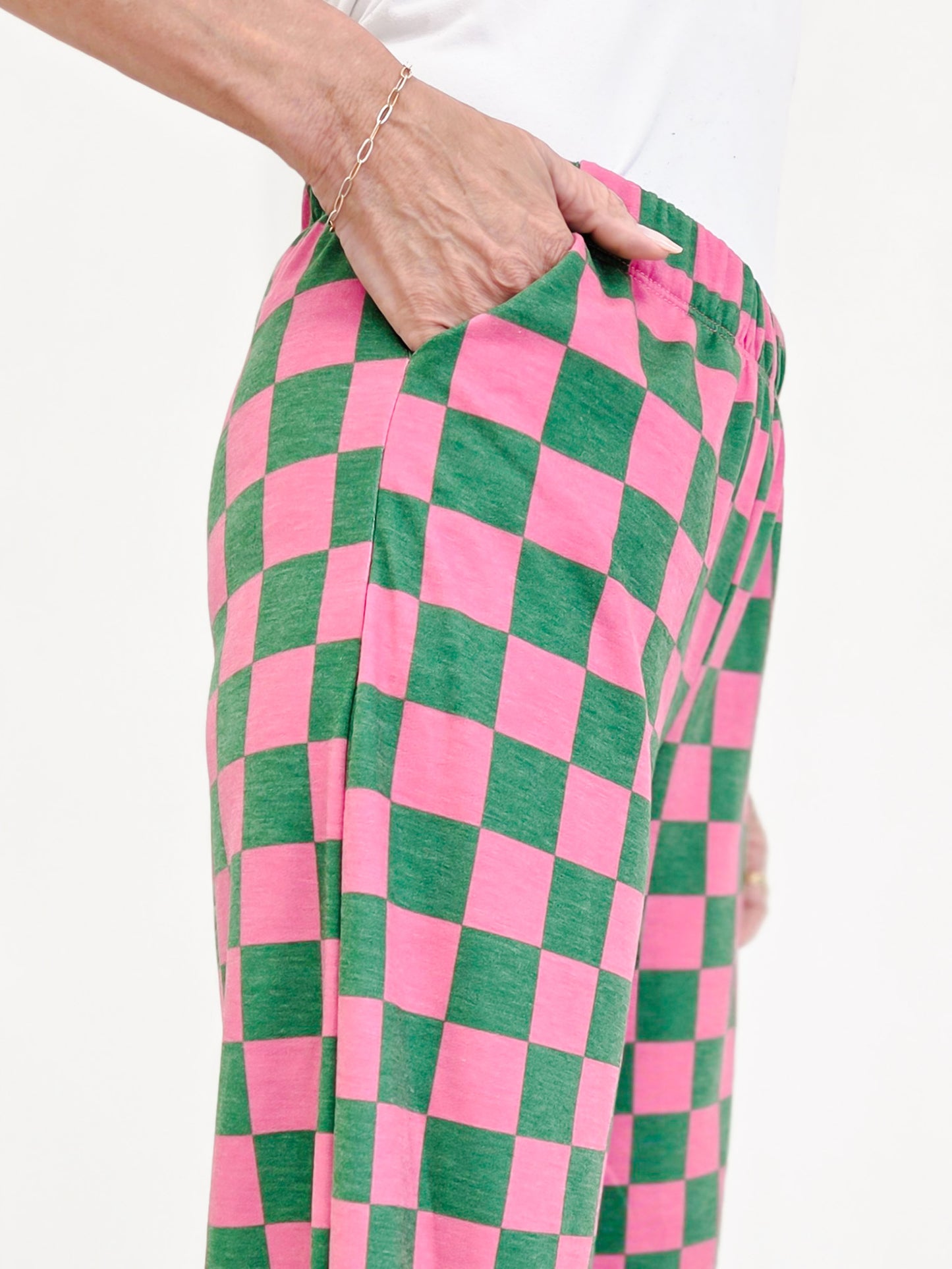 High Waist Checkered Straight Leg Knit Pants-Pink And Green
