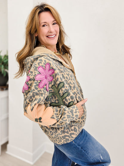 Leopard Bloom Patwork Oversized Cardigan Hoodie
