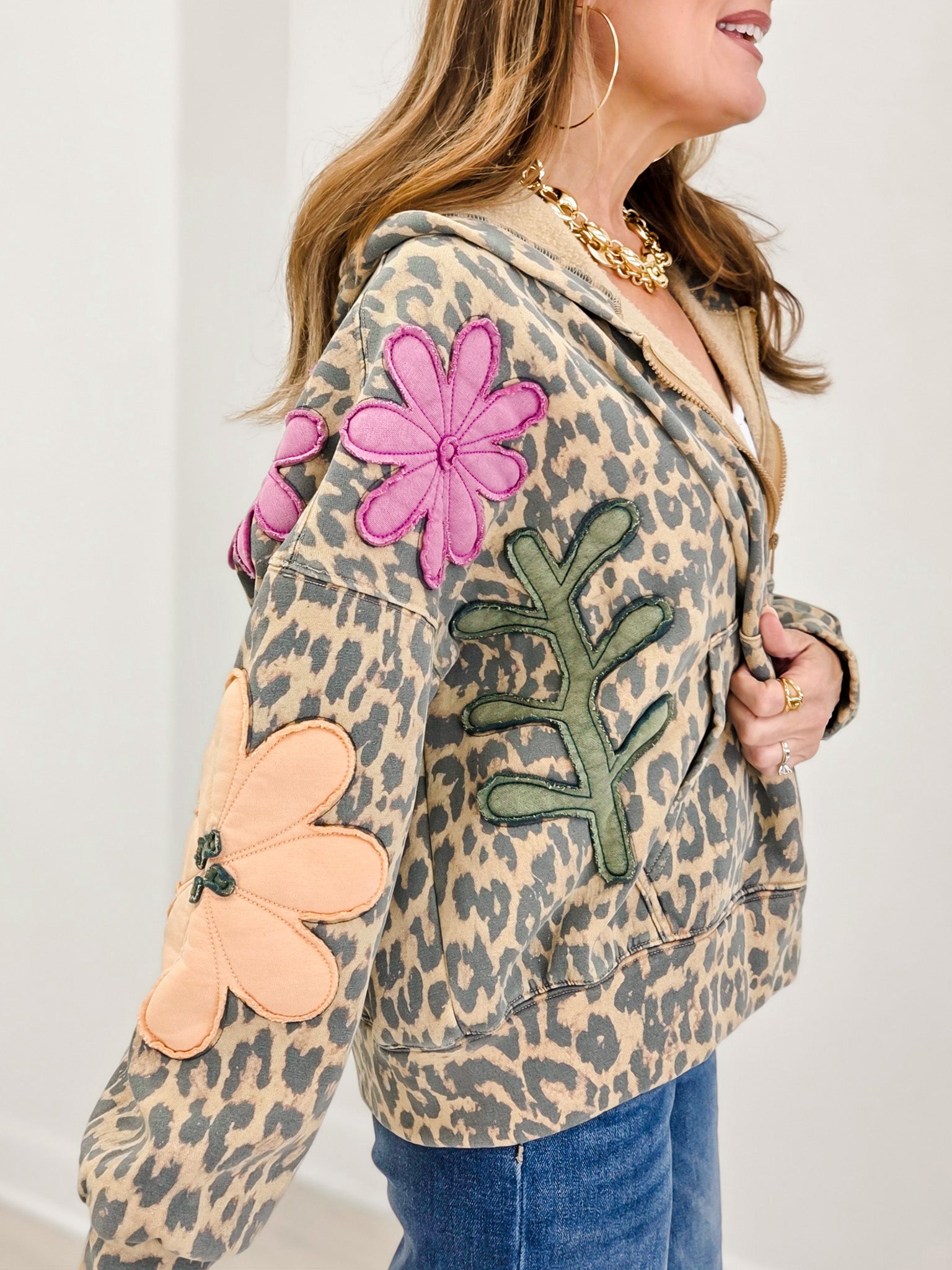Leopard Bloom Patwork Oversized Cardigan Hoodie
