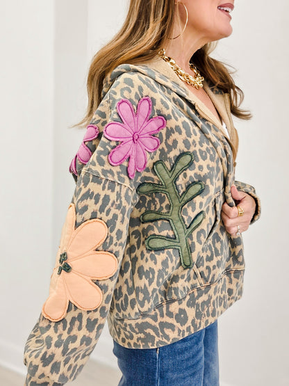 Leopard Bloom Patwork Oversized Cardigan Hoodie