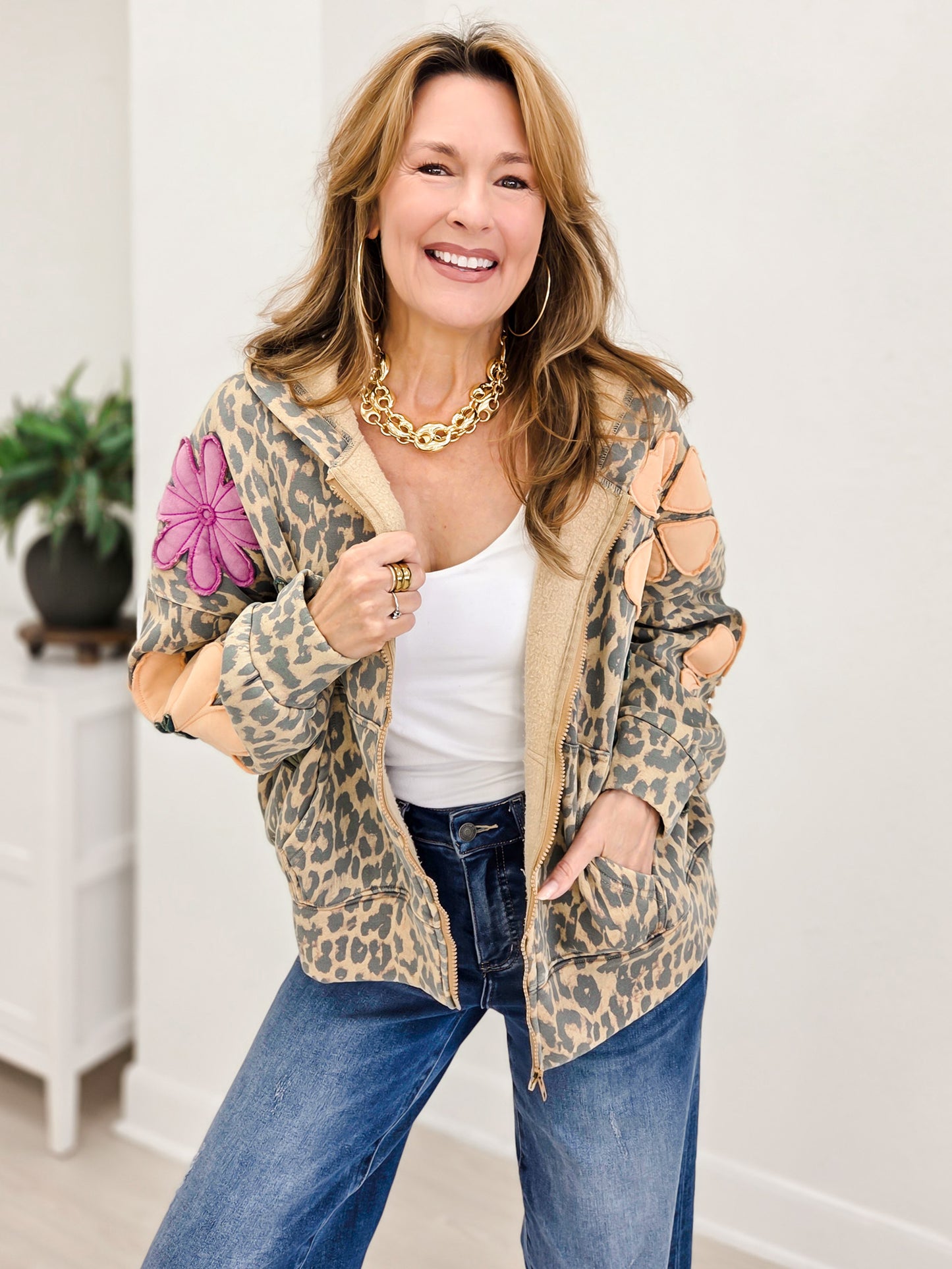 Leopard Bloom Patwork Oversized Cardigan Hoodie