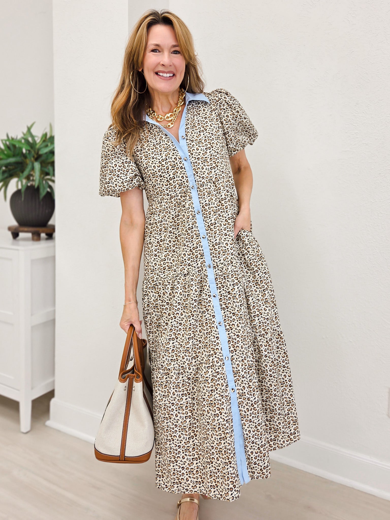 Button Down Tiered Leopard Midi Dress