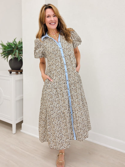 Button Down Tiered Leopard Midi Dress