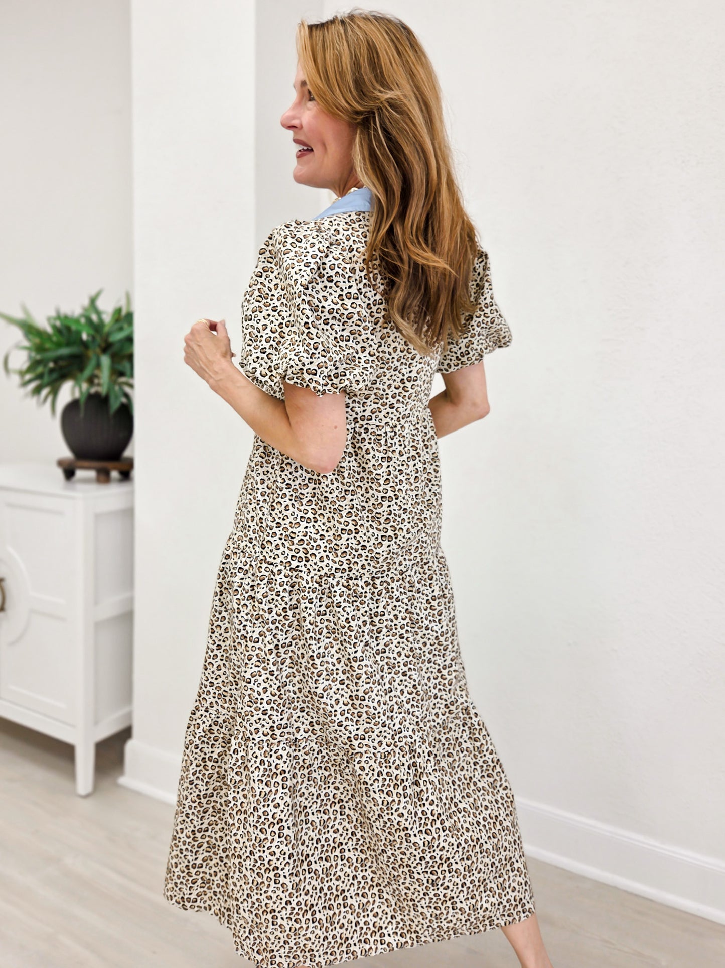 Button Down Tiered Leopard Midi Dress