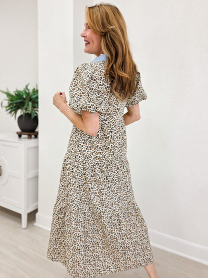 Button Down Tiered Leopard Midi Dress