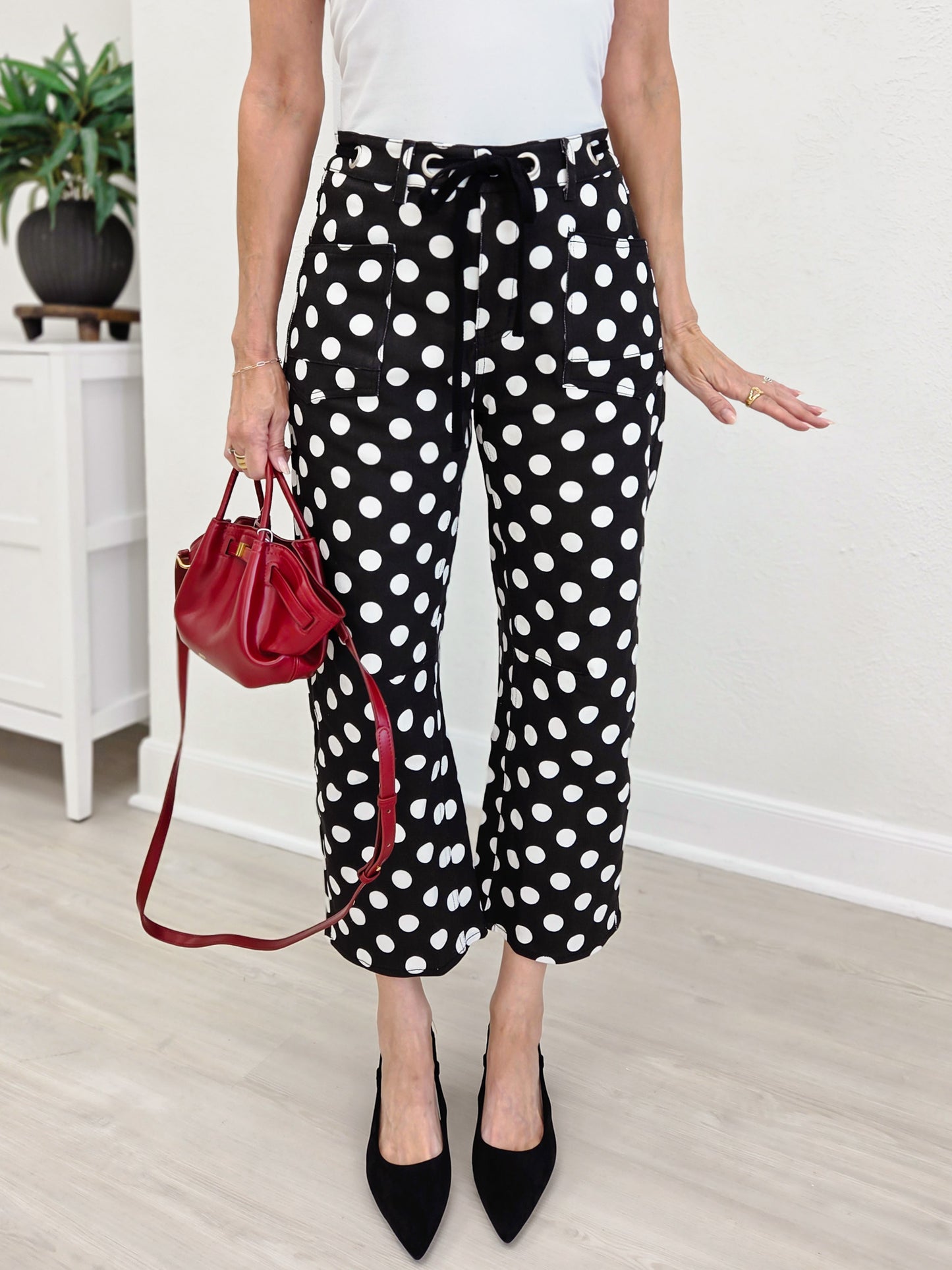 Drawstring Waist Polka Dot Barrel Pants
