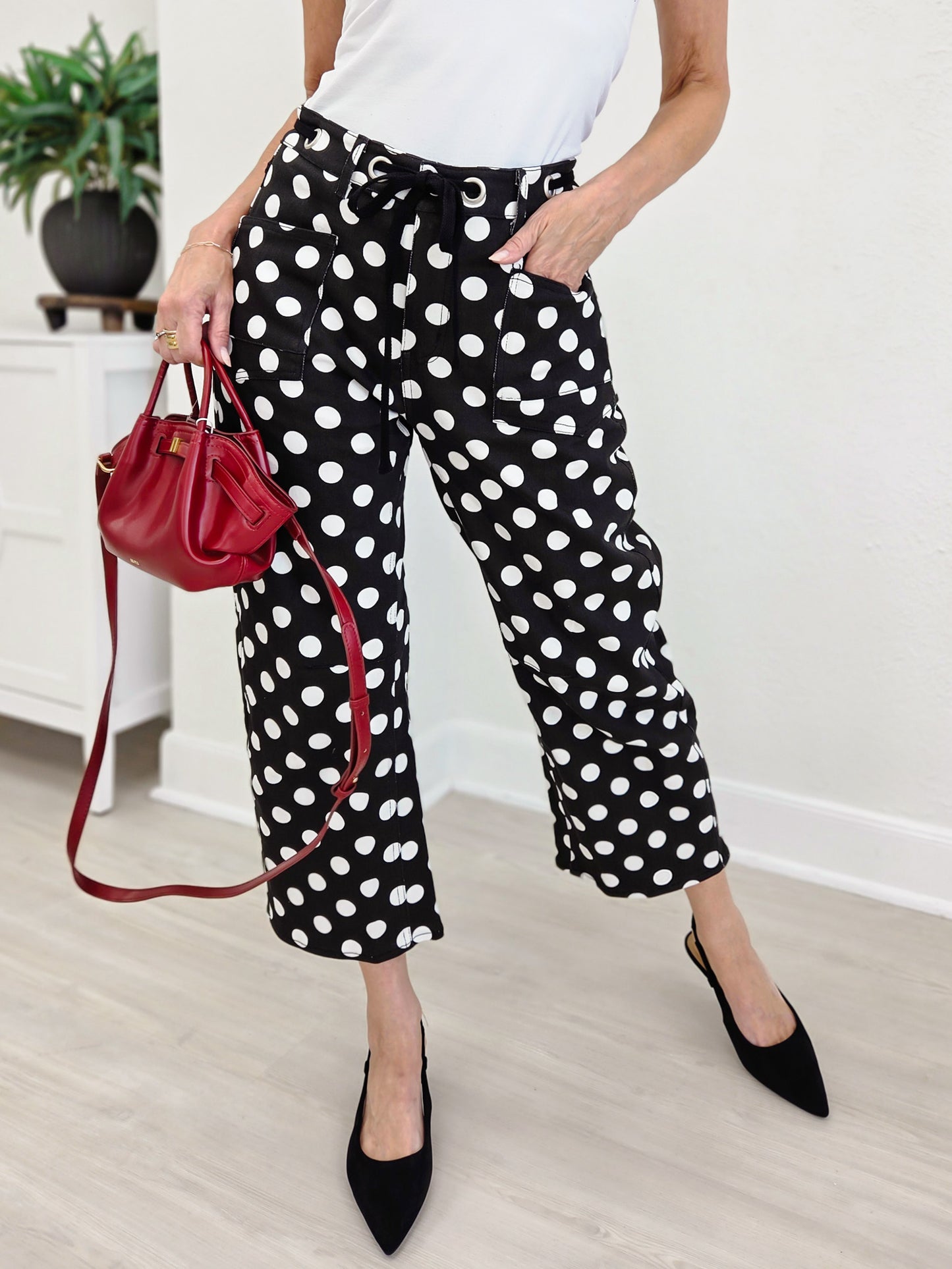Drawstring Waist Polka Dot Barrel Pants