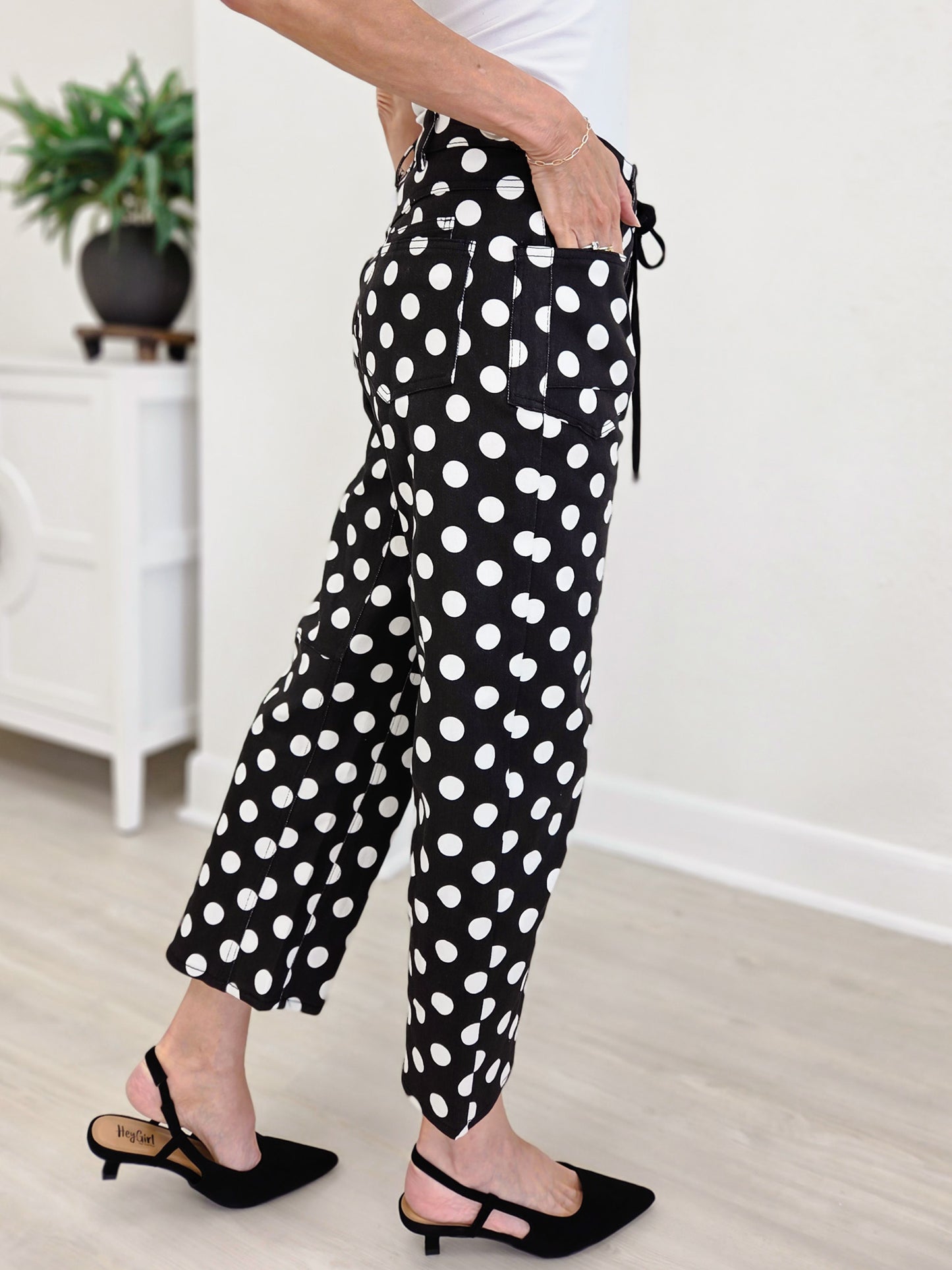 Drawstring Waist Polka Dot Barrel Pants