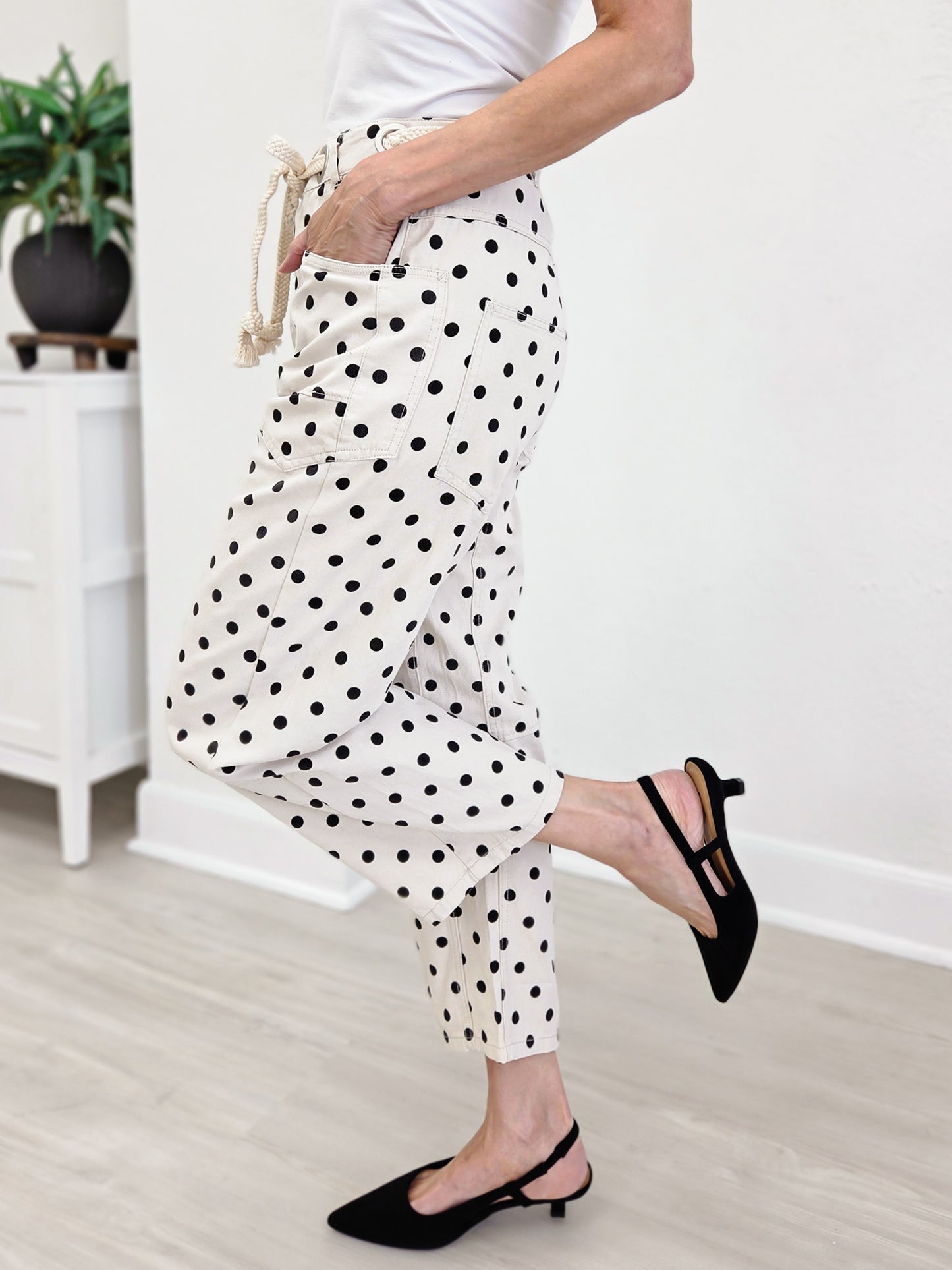 Drawstring Waist Polka Dot Barrel Pants