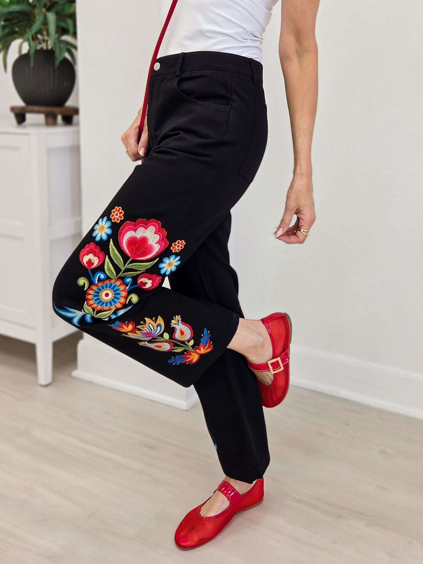 Embroidered High Waist Pants