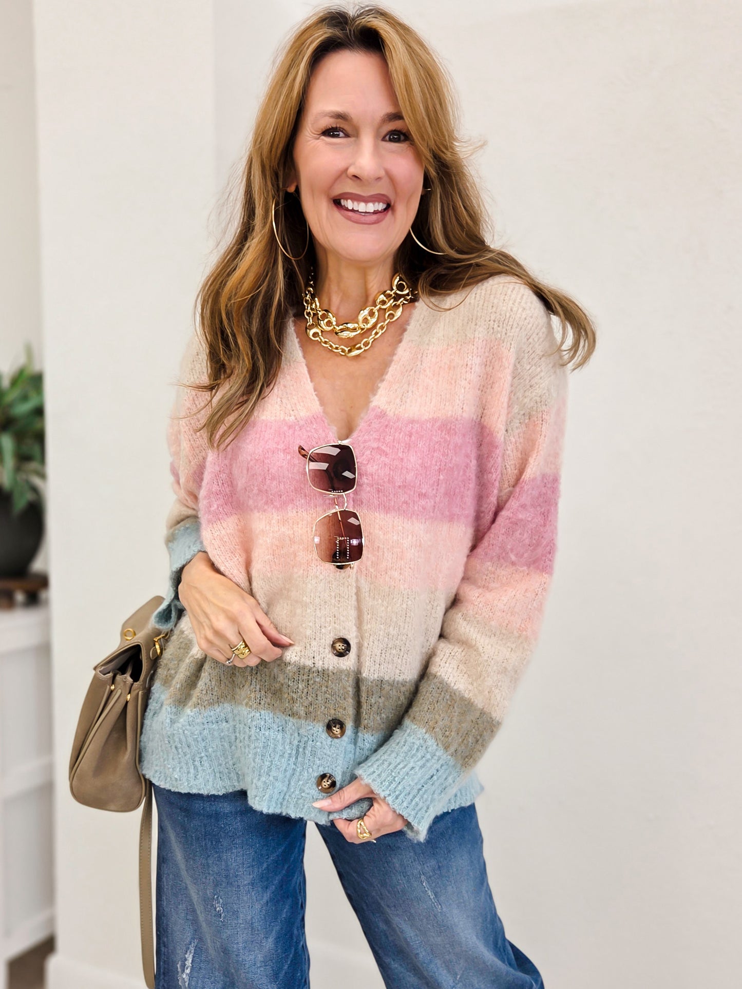 Mohair Striped V-Neck Sweater Women Cardigan