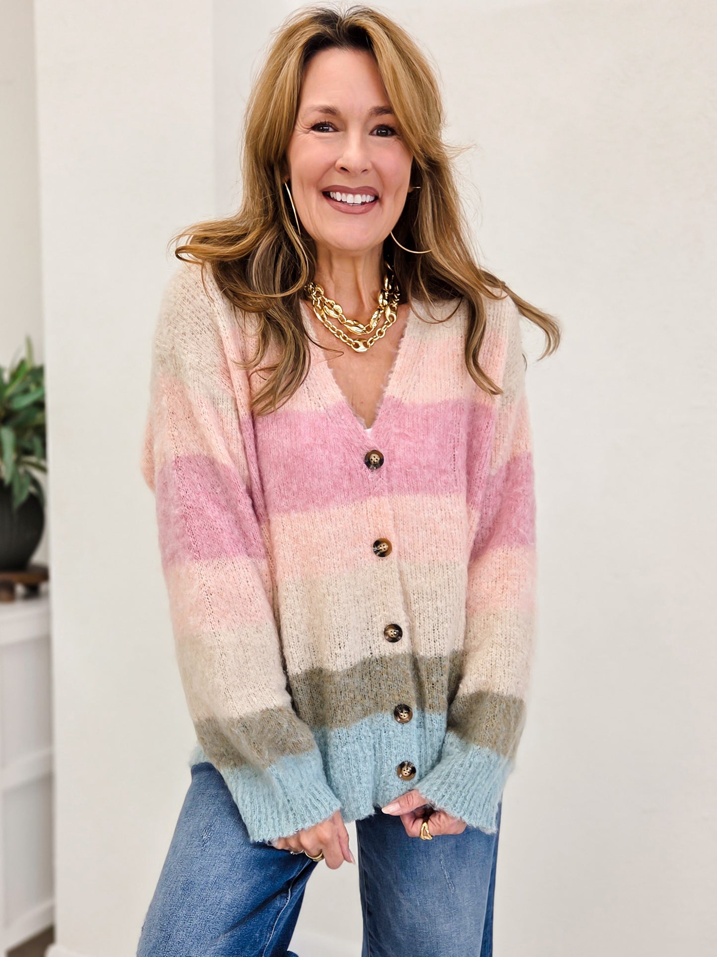 Mohair Striped V-Neck Sweater Women Cardigan