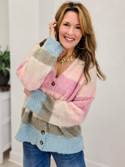 Mohair Striped V-Neck Sweater Women Cardigan