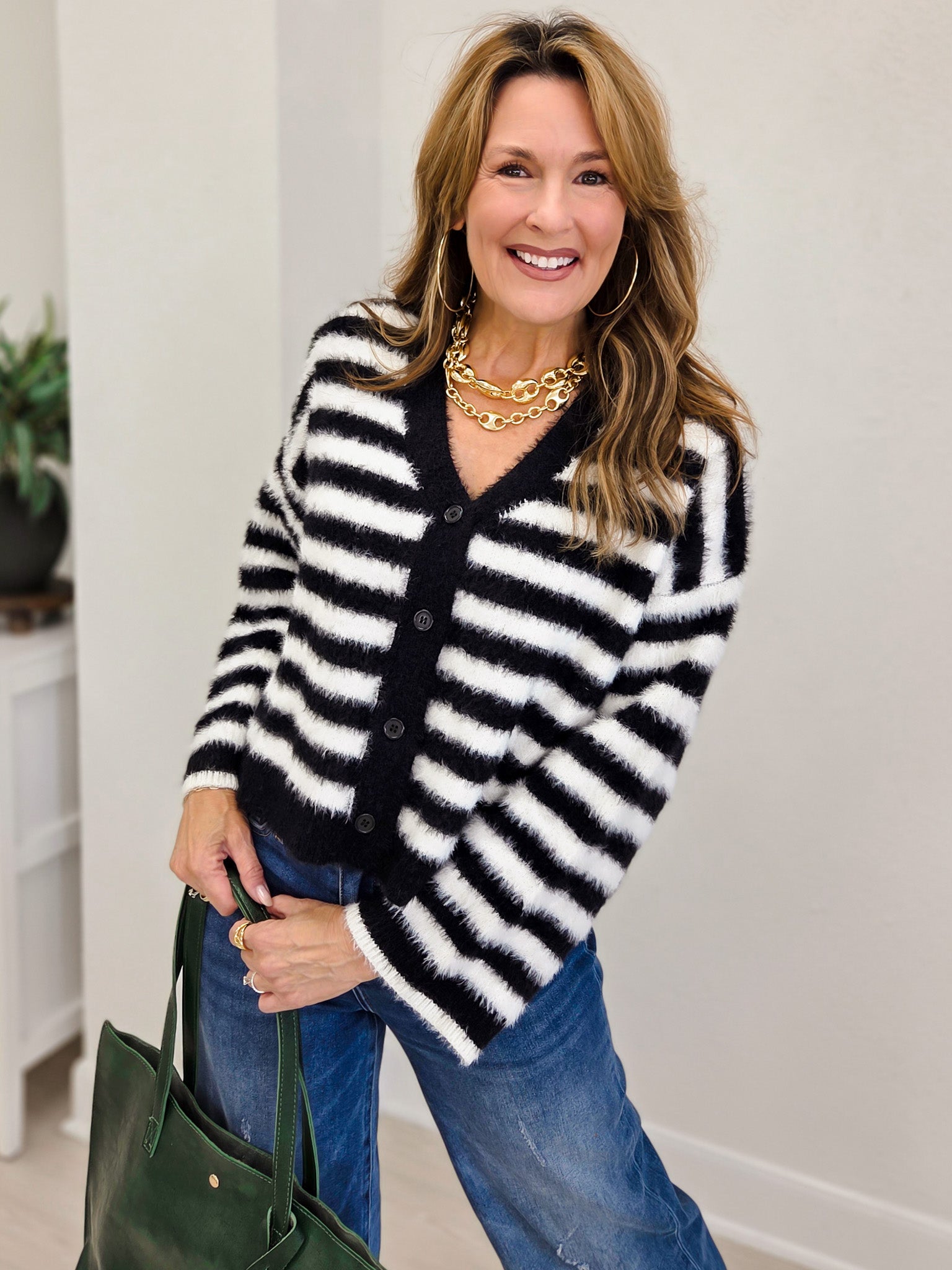 Striped Fuzzy Knit Button-Front Cardigan
