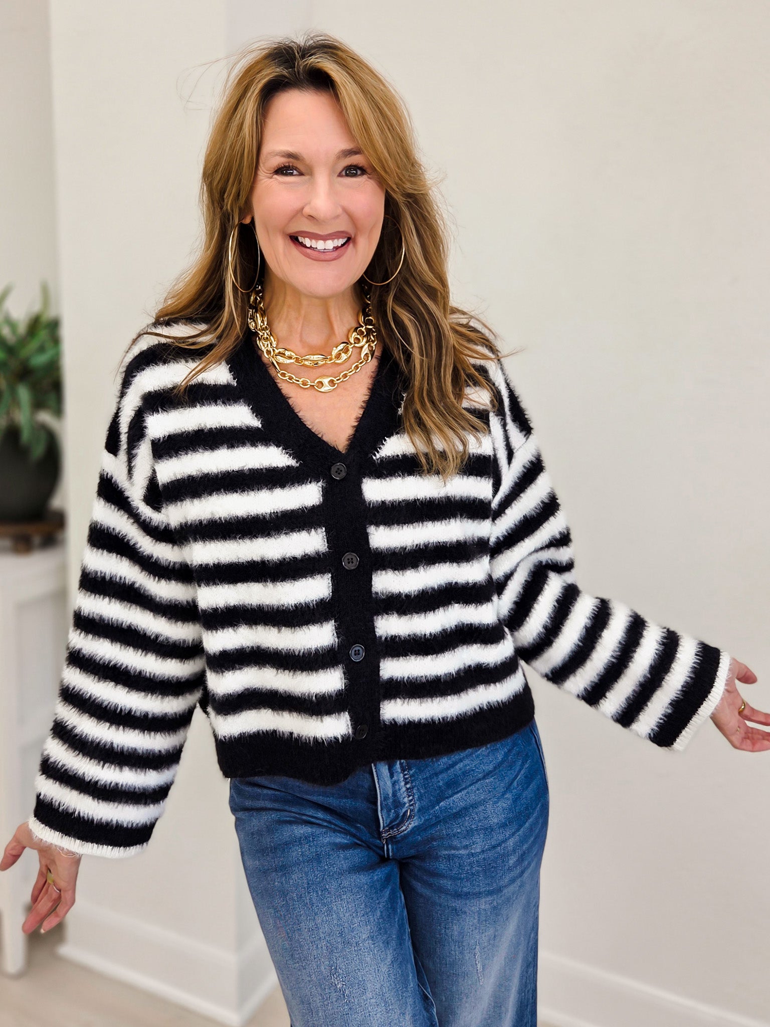 Striped Fuzzy Knit Button-Front Cardigan