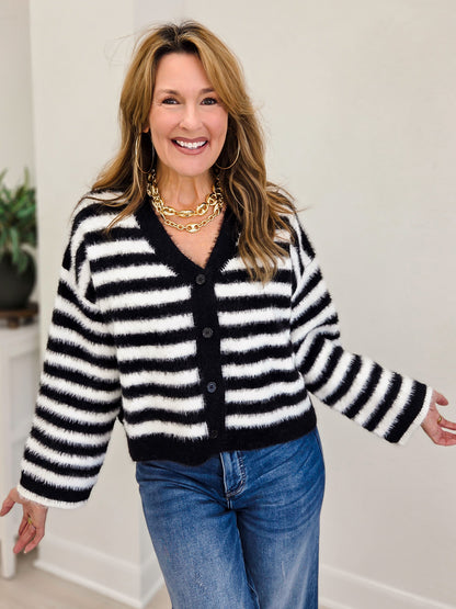 Striped Fuzzy Knit Button-Front Cardigan
