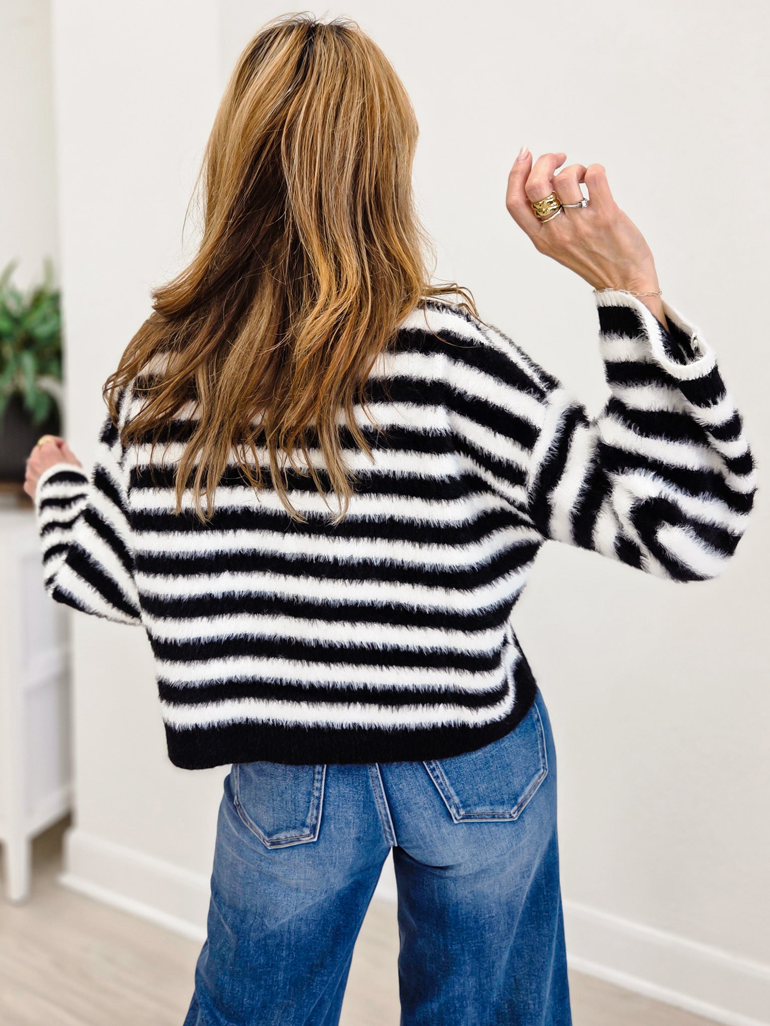 Striped Fuzzy Knit Button-Front Cardigan