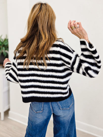 Striped Fuzzy Knit Button-Front Cardigan