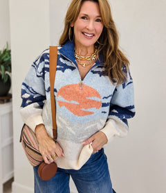 Scenic Mountain Landscape Half Zip Sweater
