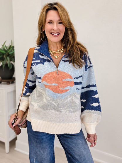 Scenic Mountain Landscape Half Zip Sweater