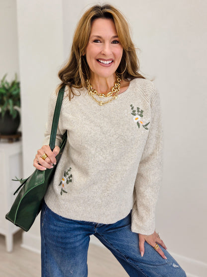 Floral Embroidered Dual Knit Sweater