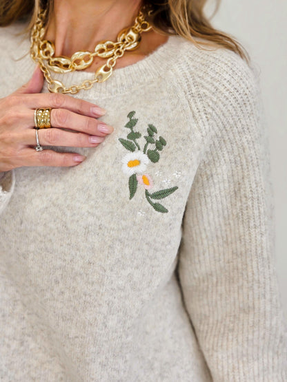 Floral Embroidered Dual Knit Sweater