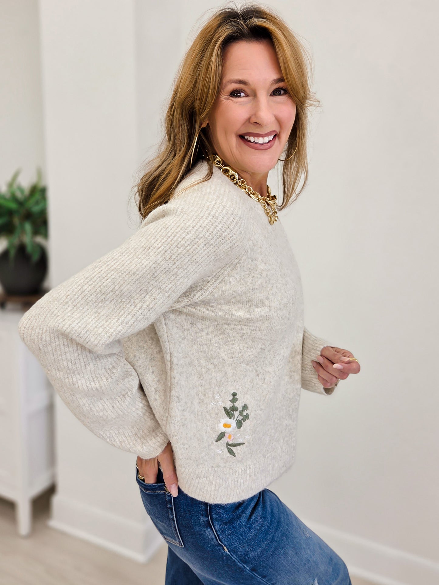Floral Embroidered Dual Knit Sweater