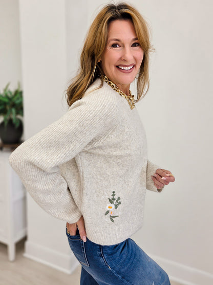 Floral Embroidered Dual Knit Sweater