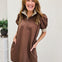 Puff Sleeve Shift Mini Dress with Striped Trim