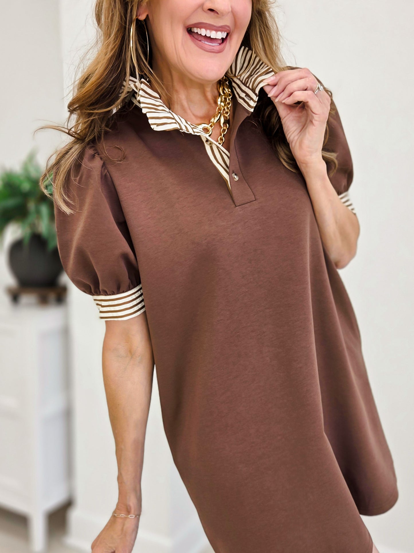 Puff Sleeve Shift Mini Dress with Striped Trim