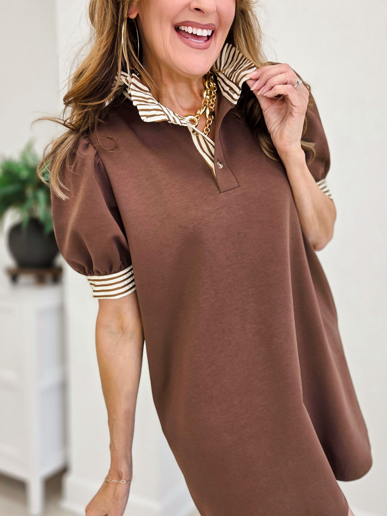 Puff Sleeve Shift Mini Dress with Striped Trim