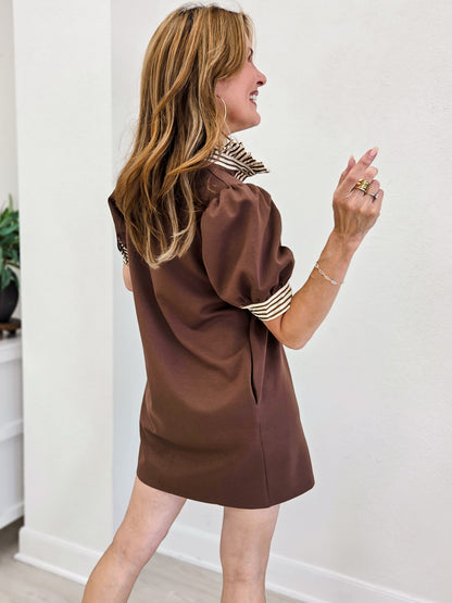 Puff Sleeve Shift Mini Dress with Striped Trim