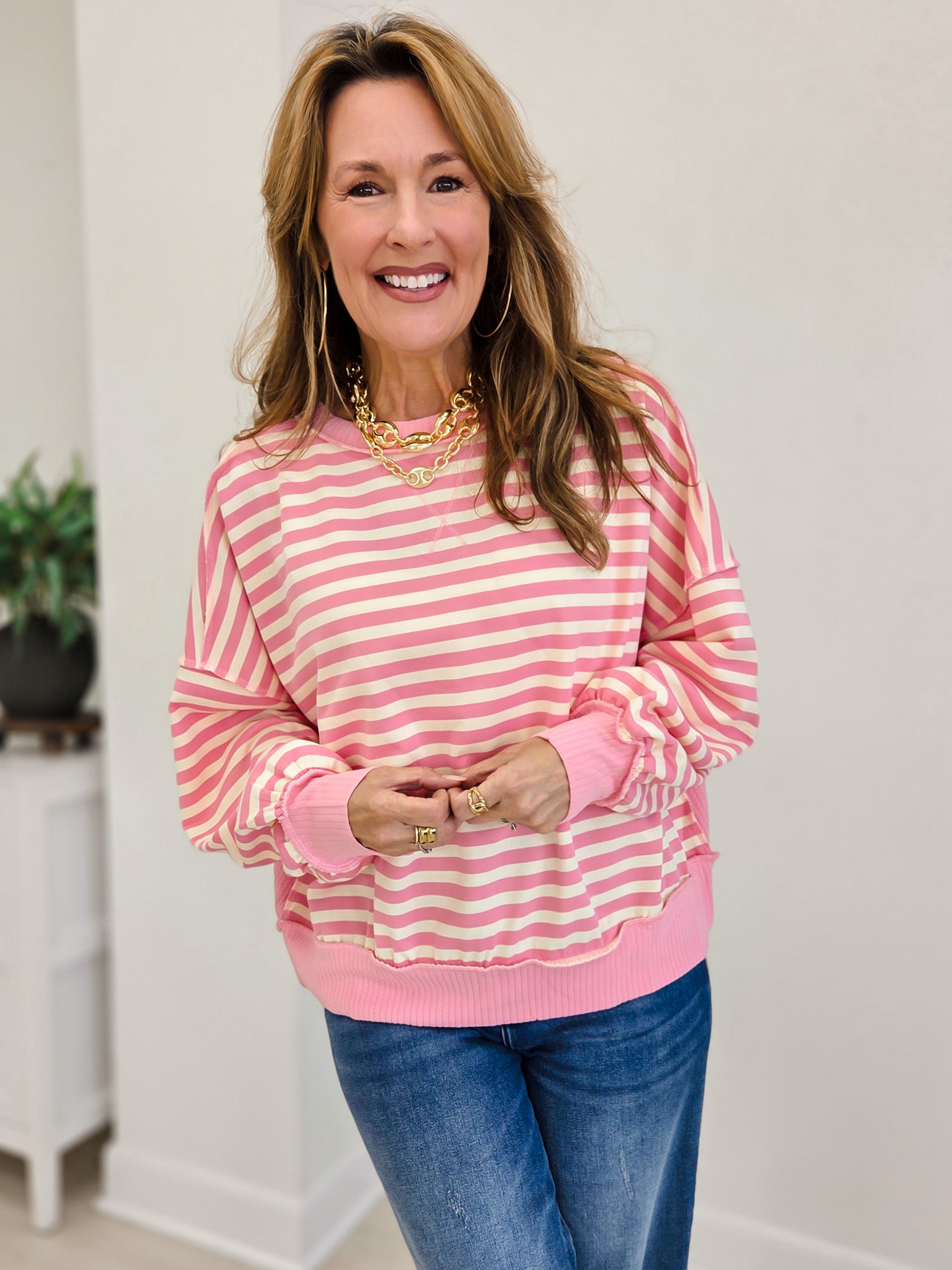 Striped Drop-shoulder Pullover Sweatshirt
