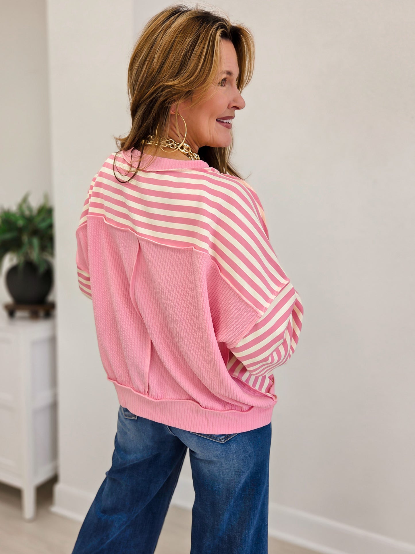 Striped Drop-shoulder Pullover Sweatshirt
