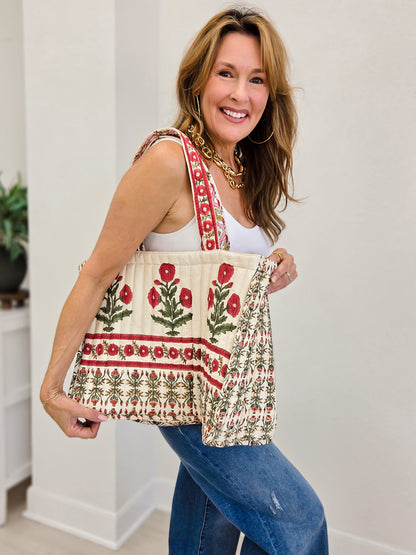 Quilted Tote Bag in Pink Yellow Multi
