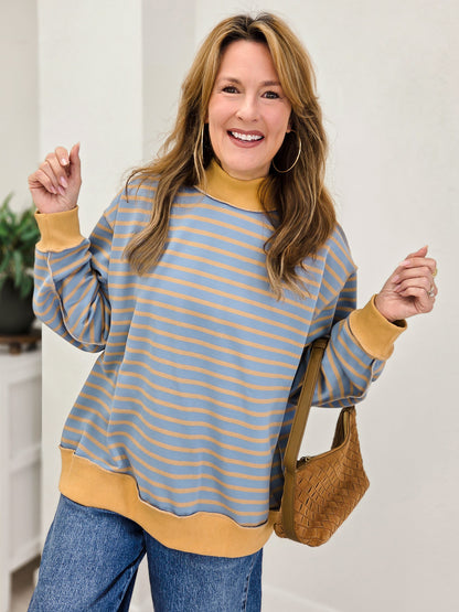 Striped Mock Neck Drop Shoulder Pullover