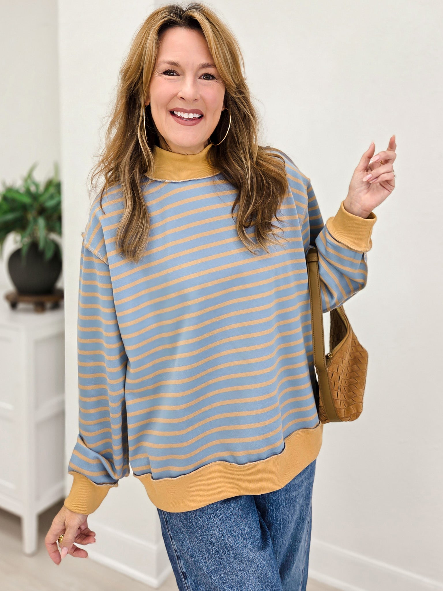 Striped Mock Neck Drop Shoulder Pullover
