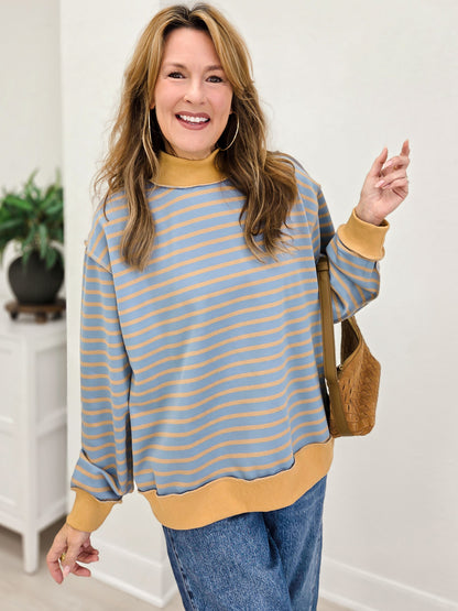 Striped Mock Neck Drop Shoulder Pullover