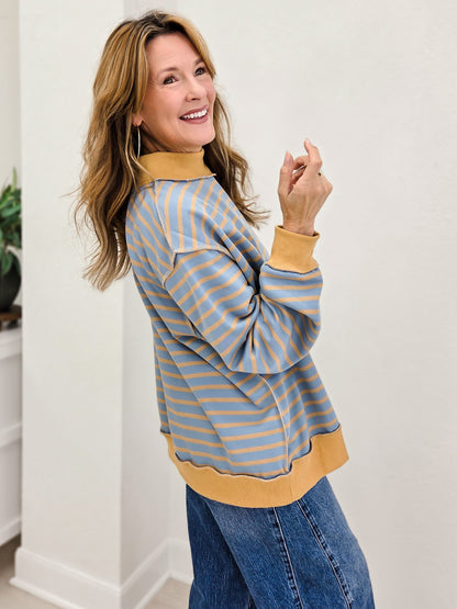 Striped Mock Neck Drop Shoulder Pullover