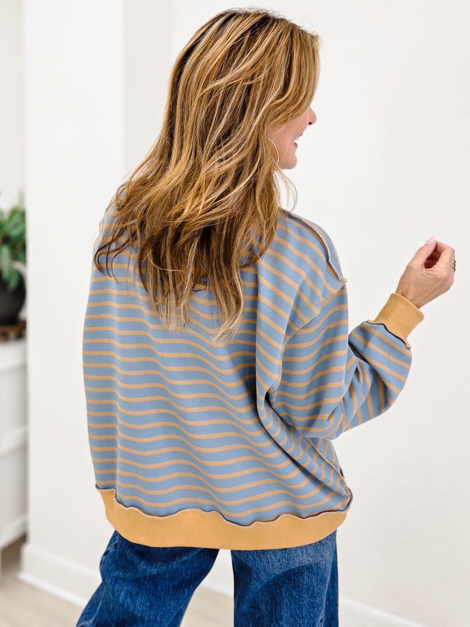 Striped Mock Neck Drop Shoulder Pullover