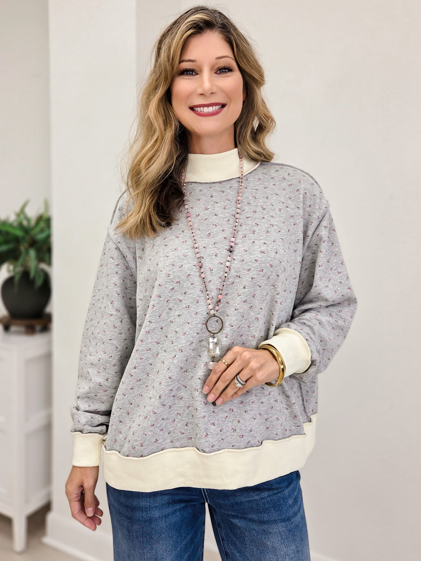 Ditsy Floral Mock Neck Drop Shoulder Pullover
