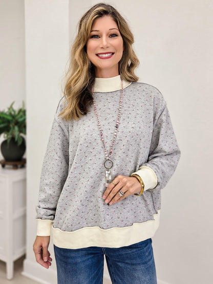 Ditsy Floral Mock Neck Drop Shoulder Pullover