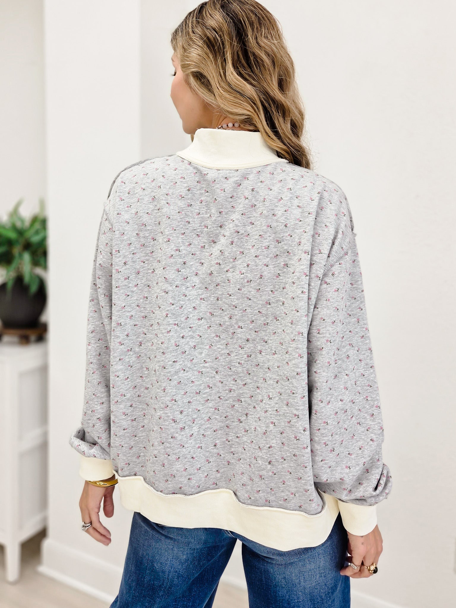 Ditsy Floral Mock Neck Drop Shoulder Pullover