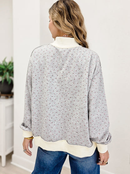 Ditsy Floral Mock Neck Drop Shoulder Pullover