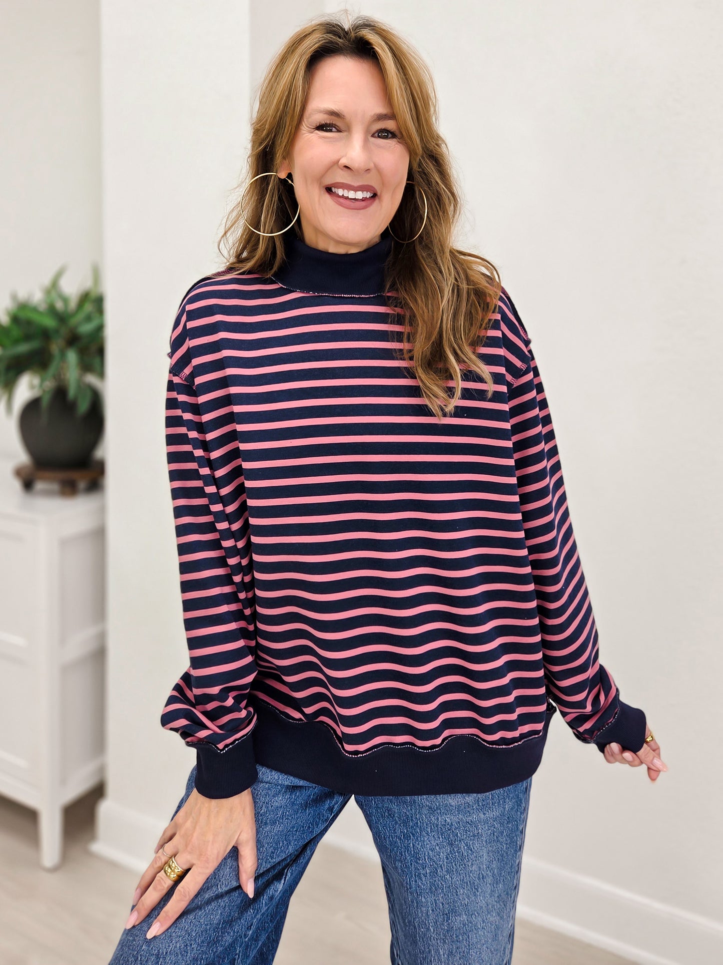 Striped Mock Neck Drop Shoulder Pullover
