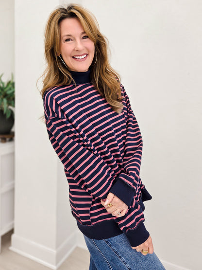 Striped Mock Neck Drop Shoulder Pullover