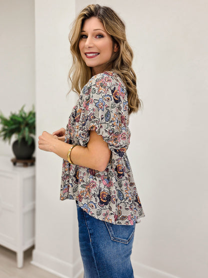 Floral Smocked Puff Sleeve V-neck Blouse