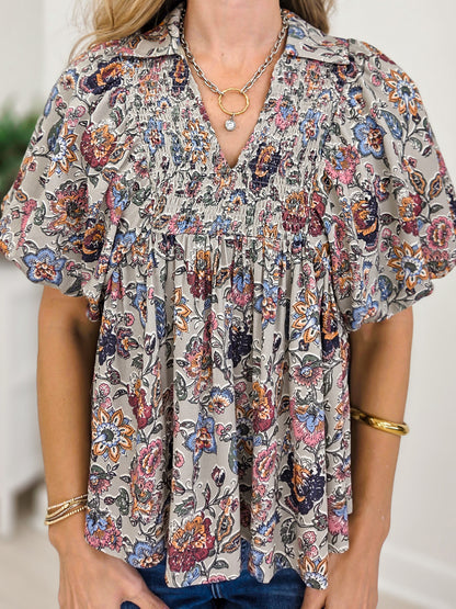 Floral Smocked Puff Sleeve V-neck Blouse