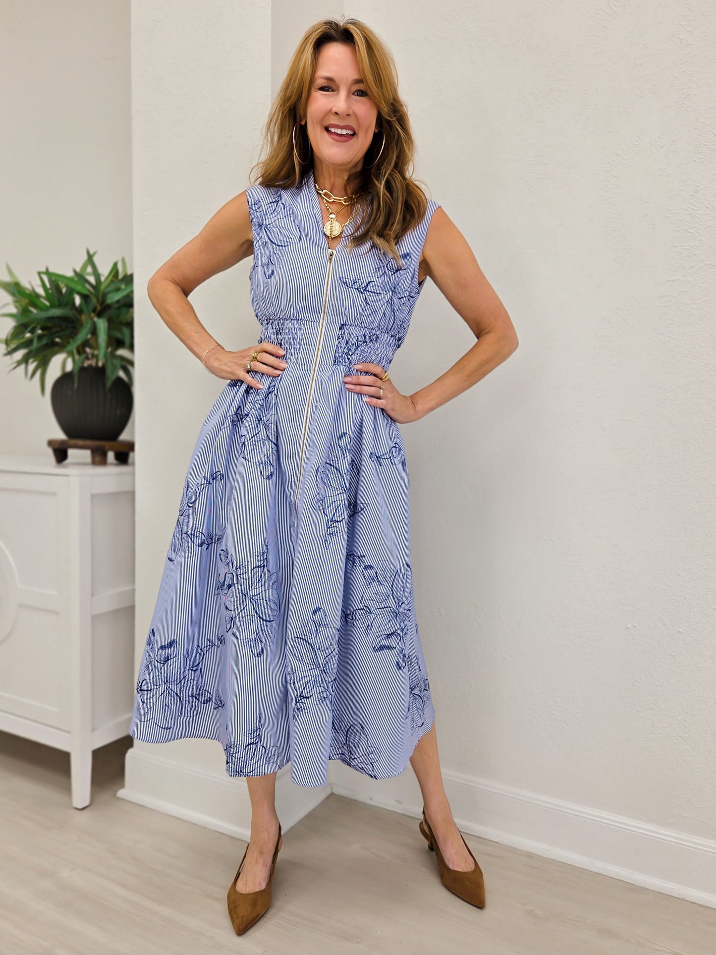 Embroidery Pinstripe Floral Smocked Zip Front Midi Dress